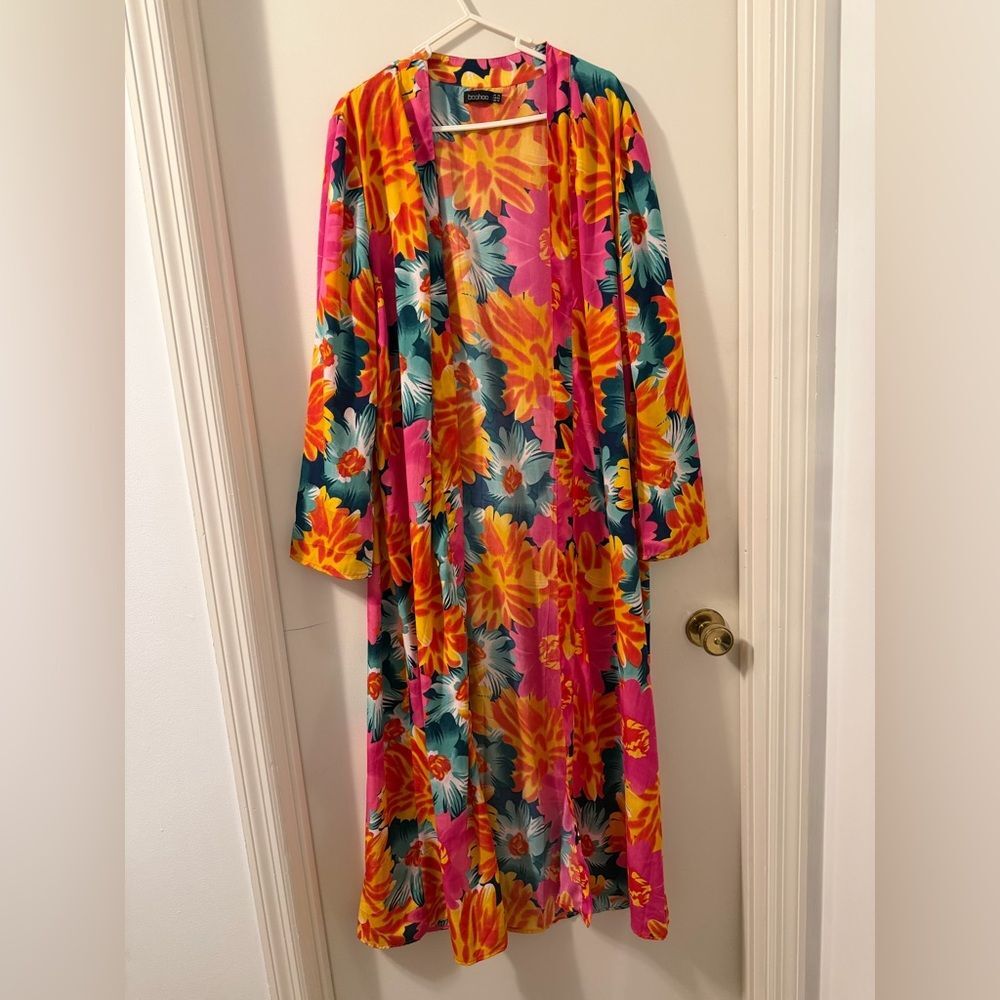 Boohoo pink, yellow Floral Maxi lightweight Kimono Bell Sleeves in women’s Sz 14 - Picture 2 of 6